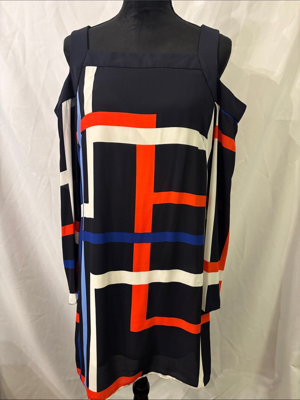 Jax Navy Cold-Shoulder Geometric Shift Dress with Red, White & Blue Accents